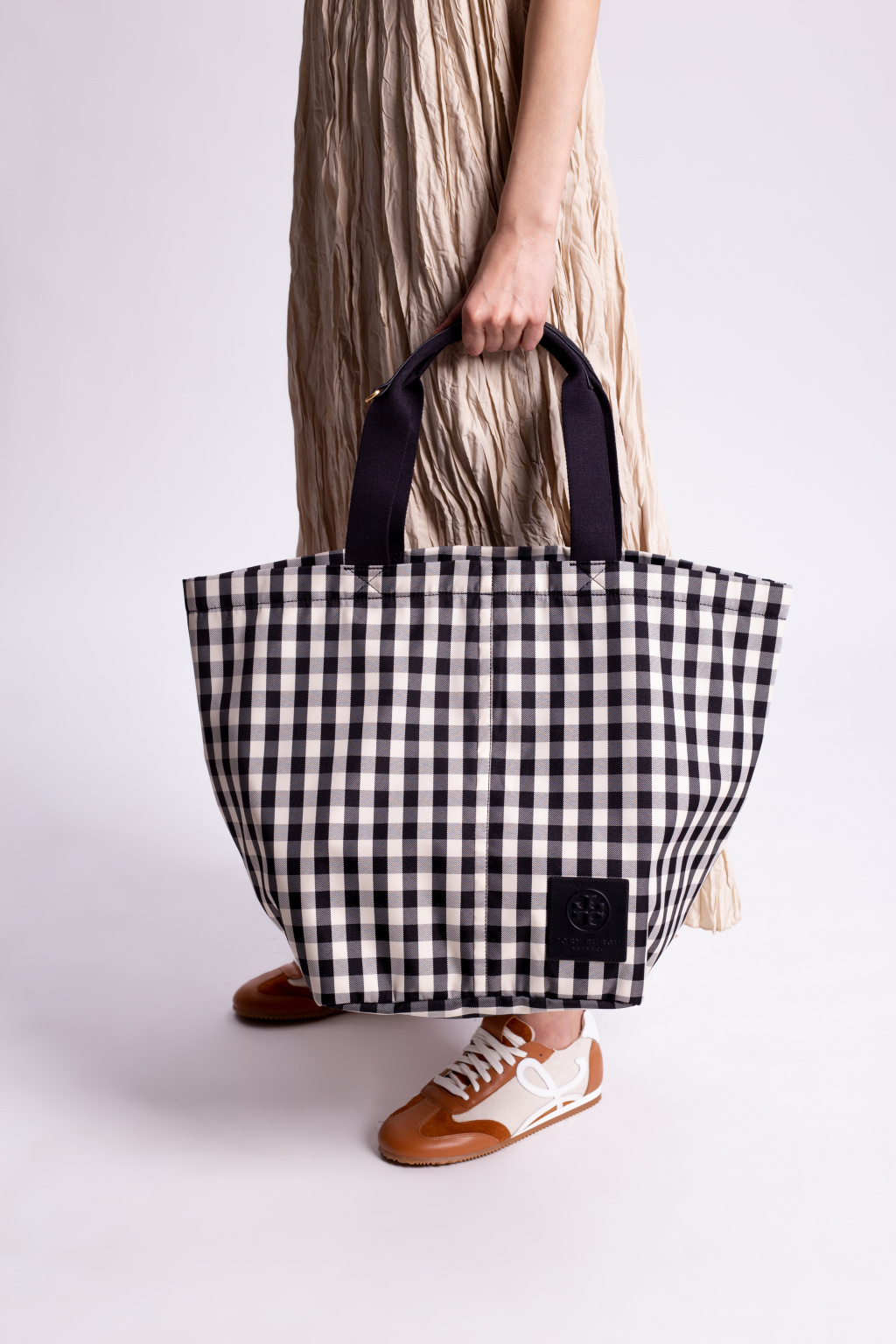 Tory Burch 2024 Piper Black and Ivory Gingham Market Tote